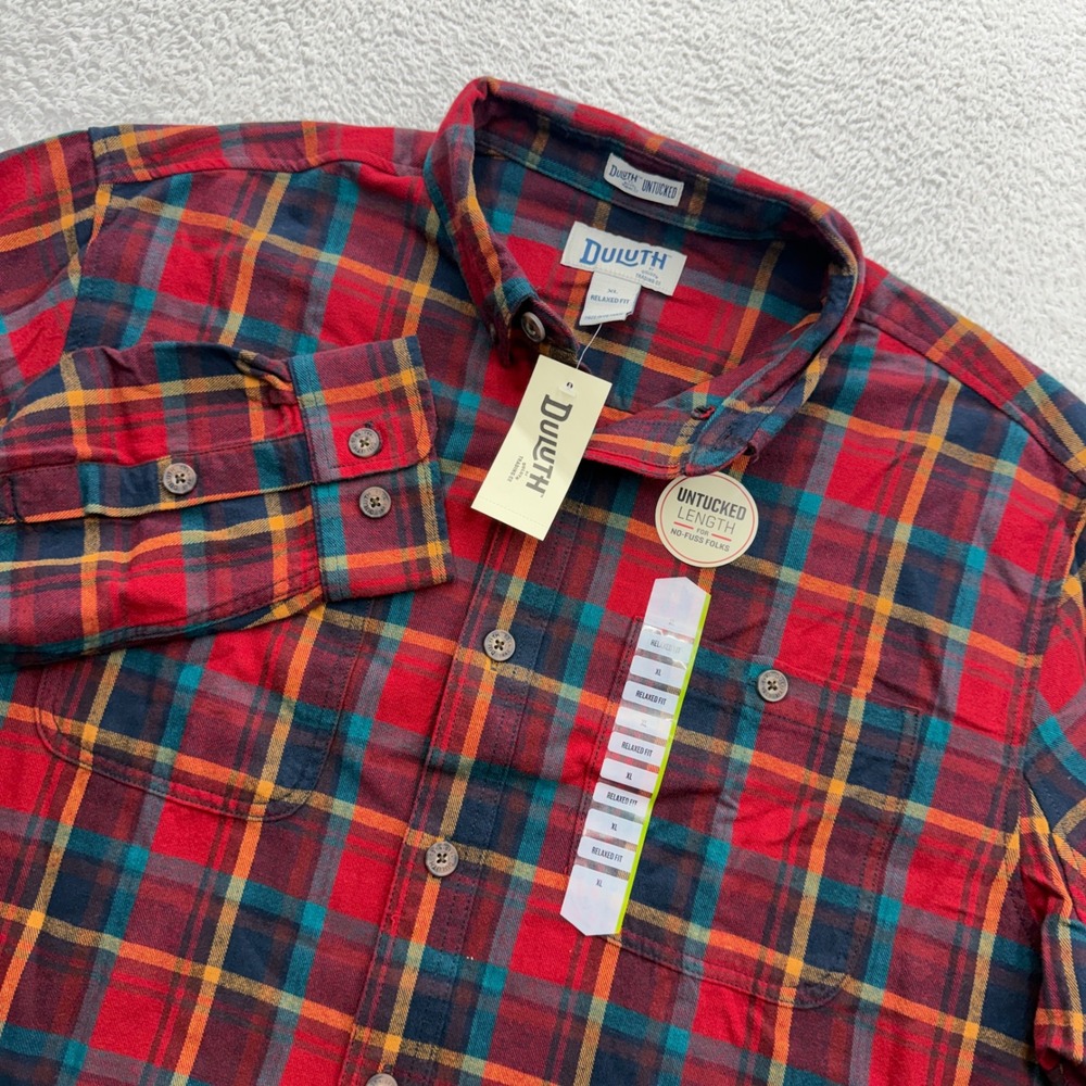 Duluth Trading Mens XL Relaxed Fit Free Swingin Flannel Untucked Shirt Red Plaid